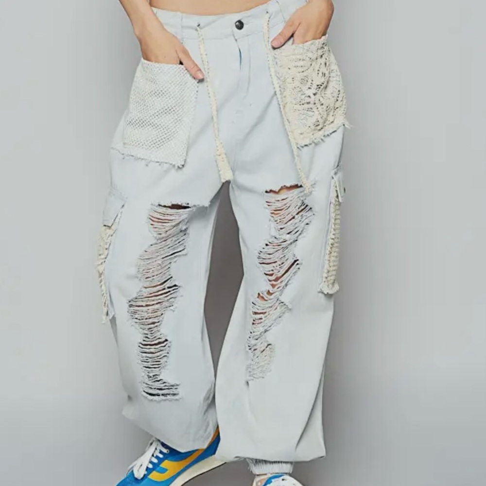 New POL48hr presale Vintage Wash Patches crochet distressed jogger Jean.